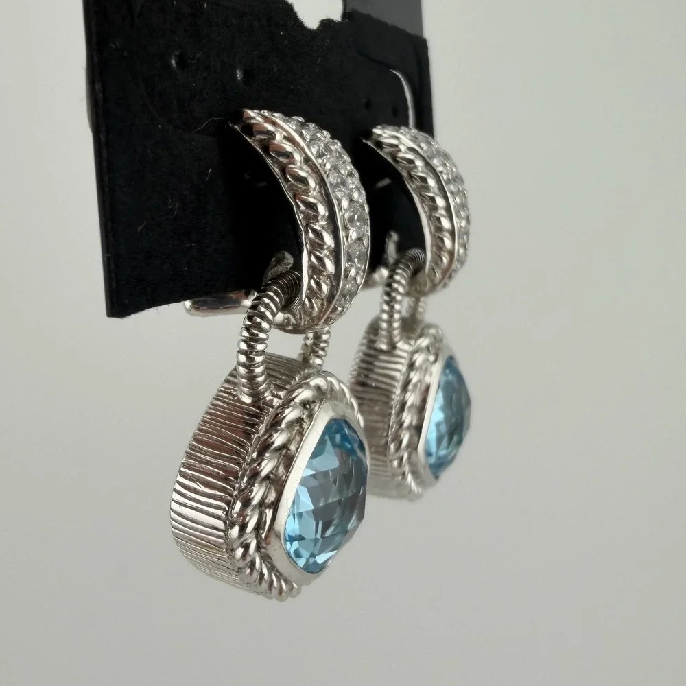 Judith Ripka 925 Sterling Silver Blue Topaz CZ Drop Earrings Fleur-de-Lis